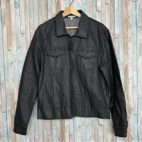 James Perse L Men’s Black Coated Cotton Jean Jacket Utility Denim Zip Front $395 - Picture 3 of 13